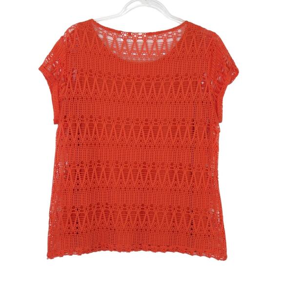 Chicos Coral Peach Open Knit Crochet Blouse Short Sleeve 2 Small Boho Causal - Picture 2 of 5
